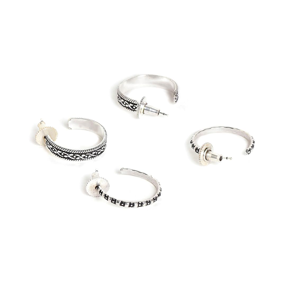 El Regalo 2 Pairs Tribal Oxidized Half Hoop Earrings, Huggie Earrings- Hammered Bohemian Oxidized German Silver Baali Earrings (Option-2)
