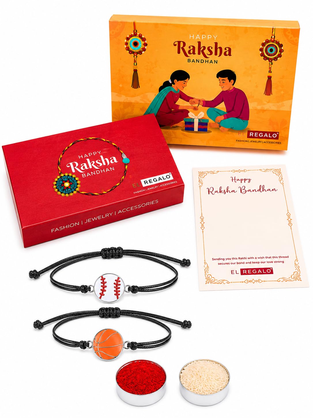 El Regalo Quirky 2PC Sports Rakhi for Kids | 2 Sport Balls Rakhis Combo Set for Brother/Niece/Nephew- Rakhi for Sports Lovers Bhai with Roli-Chawal, Message Card in Rakhi Gift Box (Option-1)