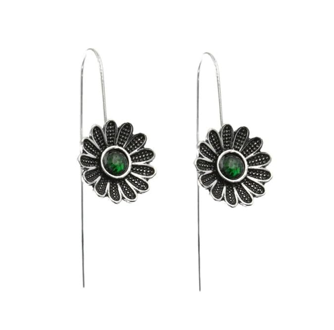 El Regalo Women's & Girl's Vintage Bohemian Style Green Rhinestone Flower Hook Earrings- Elegant Pastoral Style Floral Earrings in Antique Silver Finish