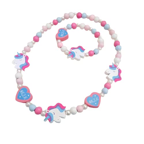 El Regalo Kids/Toddlers/Girls Wooden Beads Handmade Necklace & Bracelet Jewelry Sets (1 Necklace & 1 Bracelet): Kids Princess Jewelry Set (Unicorn Heart Kids Jewelry Set)