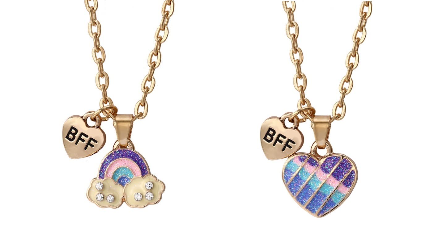 El Regalo Unisex 2 Pcs Best-Friend (BF) Pendant Necklace Set For Besties/Sisters/Best Friends- BFF Rainbow Heart Clouds/Star/Mermaid Heart/Unicorns Necklaces (Best Friend Yin Yang Flower)