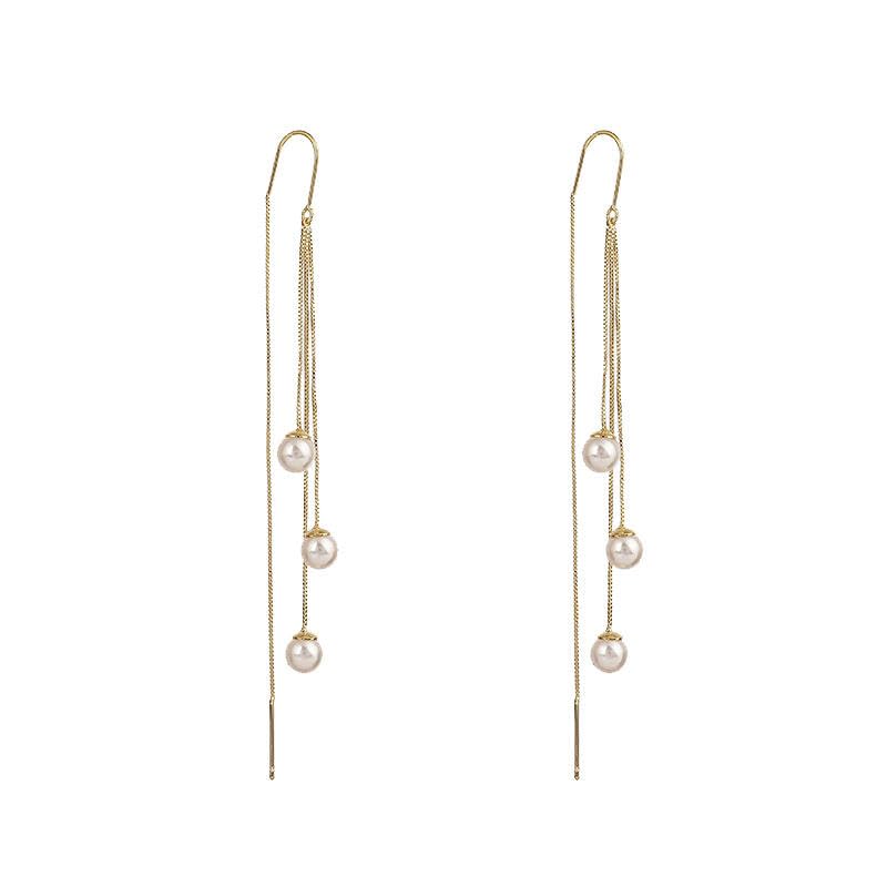 El Regalo Modern Sui Dhaga Threader Earrings for Women - Minimalist Long Pull Through Chain Earrings - Light Dangle Needle Threaders for Multiple Piercings, Sensitive Ears (Pearls Threader)