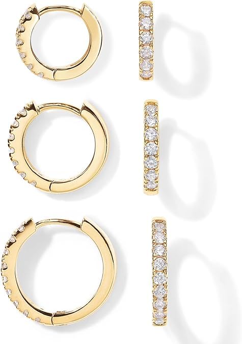 El Regalo 3 Pairs Dainty 14K Gold Plated Huggie Hoop Earrings - Small CZ Hoop Earrings Set (8mm, 10mm, 12mm) for Women & Girls, Cartilage & Tragus Earrings