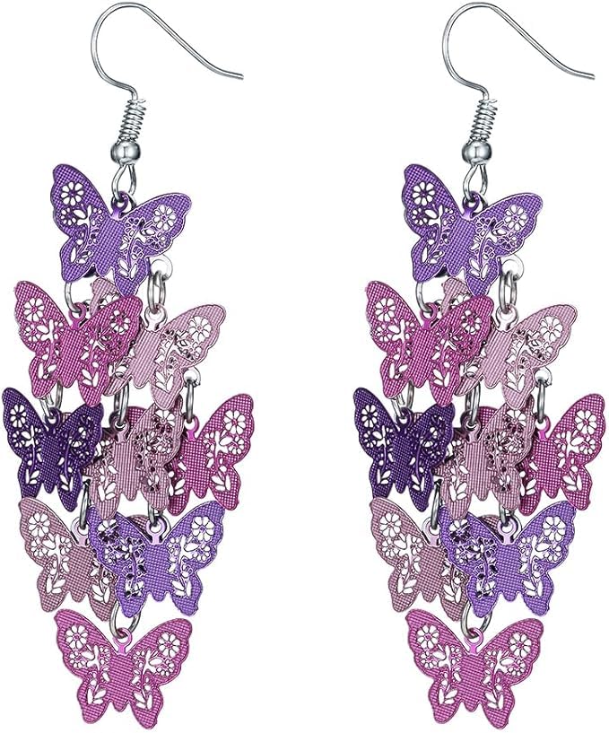 El Regalo Women's & Girl's Butterfly Earrings Mix Color Bohemia Style Long Drop Dangle Hook Earrings, Fashion Style Butterfly Earrings (Gradient Blue)