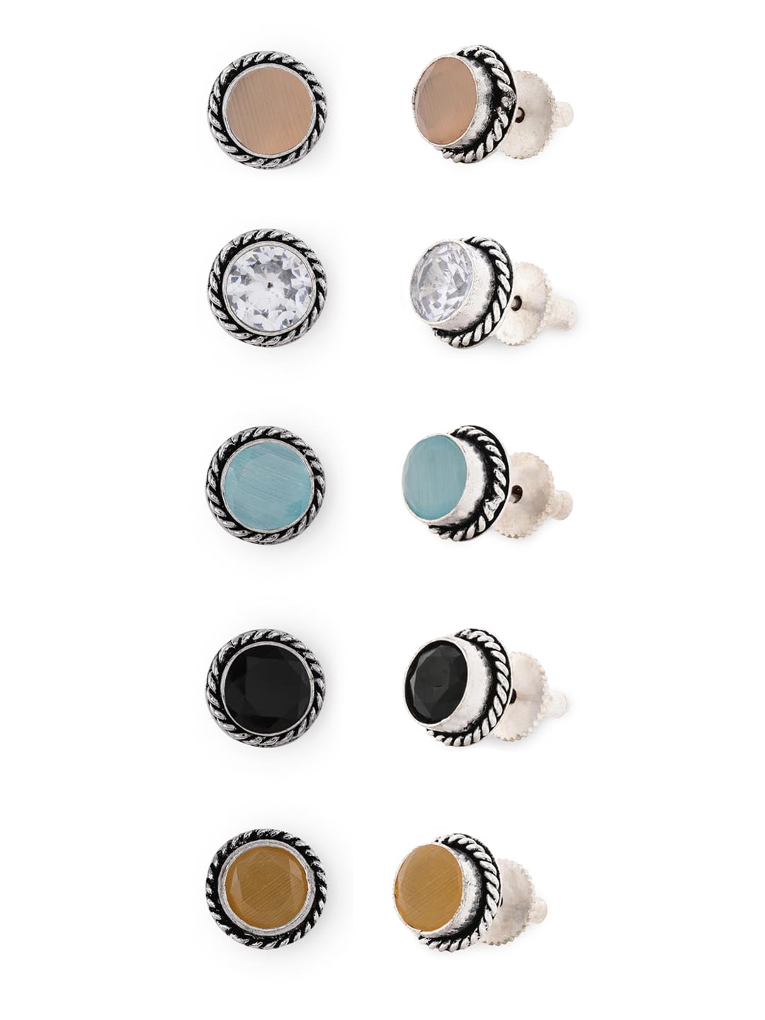 El Regalo 5 Pairs Oxidized German Silver Small Monalisa Stones Stud Earrings Combo Set in Antique Silver Finish for Women/Girls- Timeless Elegance for Casual and Formal Wear (Multi Option-2)