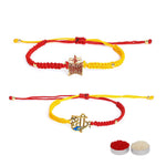 El Regalo 2PCs Red & Yellow Thread Bracelet Rakhi Combo Set for Brother- Auspicious OM, Ganesha, Shree, Trident, Damroo Mauli Rakhi with Roli Chawal Shagun, Message Card in Rakhi Gift Box (Option-1)