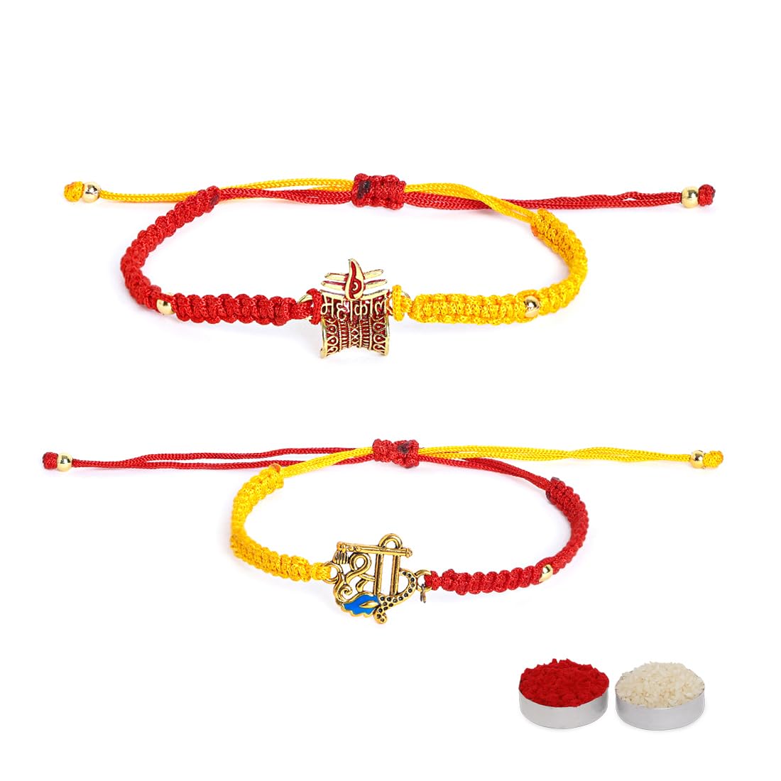 El Regalo 2PCs Red & Yellow Thread Bracelet Rakhi Combo Set for Brother- Auspicious OM, Ganesha, Shree, Trident, Damroo Mauli Rakhi with Roli Chawal Shagun, Message Card in Rakhi Gift Box (Option-1)