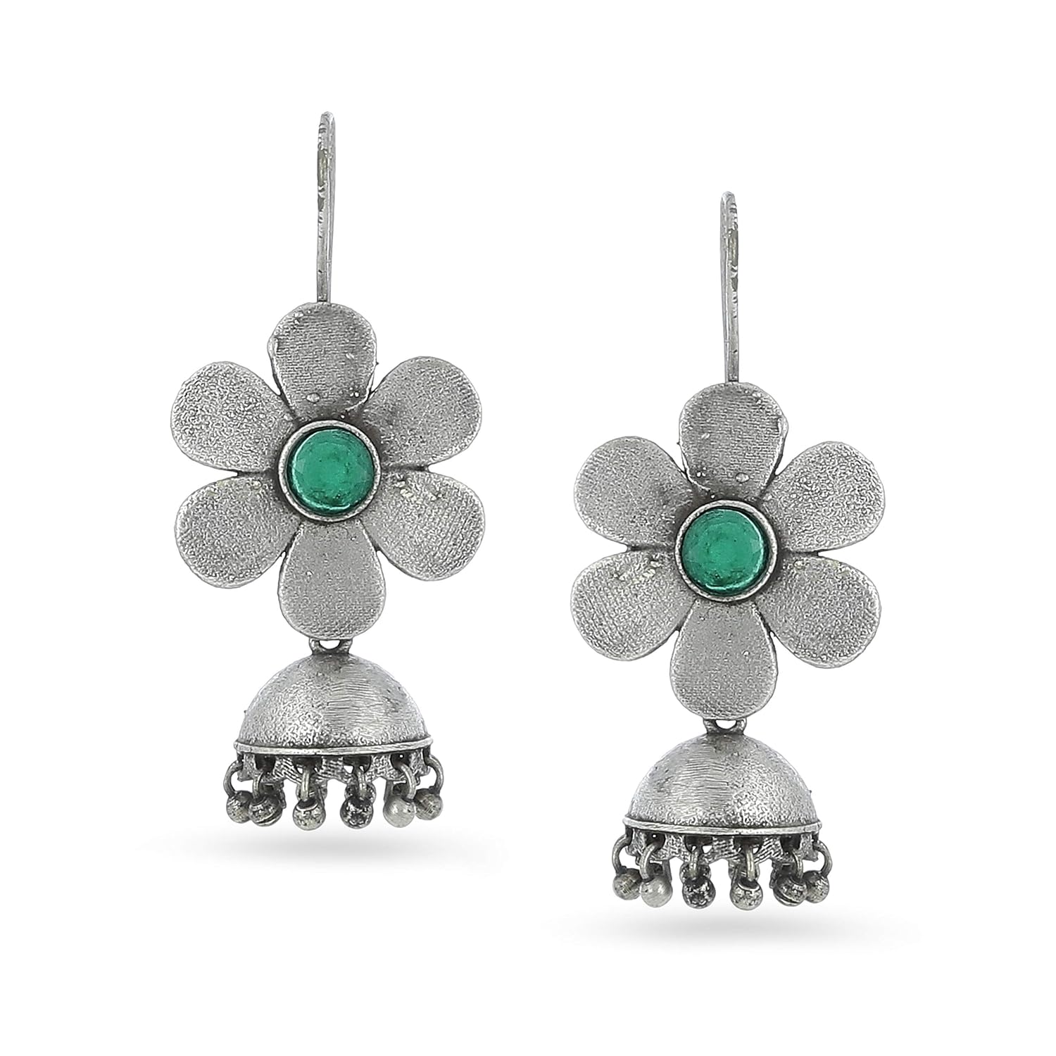 El Regalo Cute Small Traditional Ethnic Bollywood Style Vintage Floral Jhumka Earrings for Women & Girls in Antique Oxidized Silver Finish (Green)