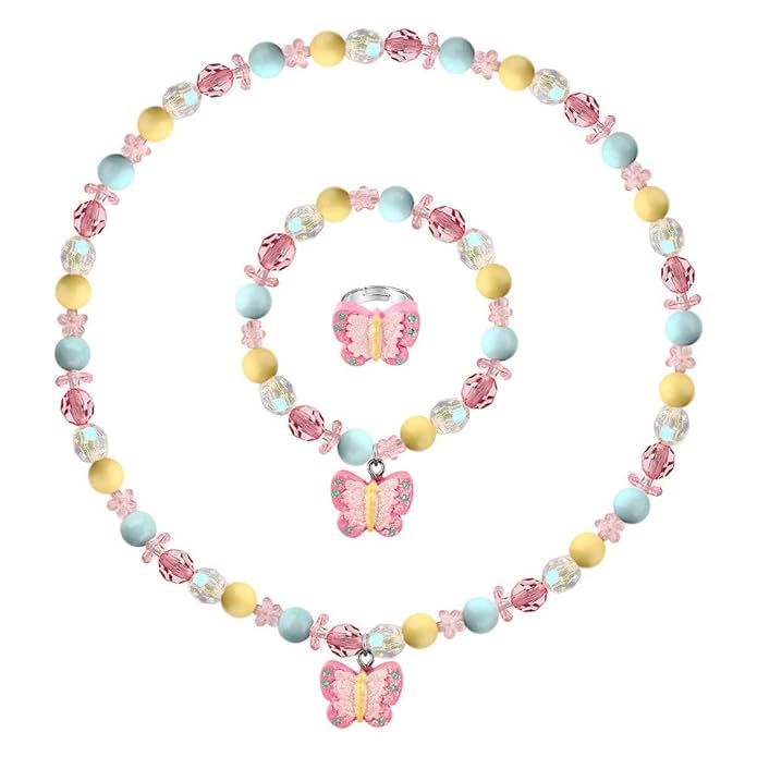 El Regalo 3PCs Kids Butterfly Stretch Necklace, Bracelet & Ring Set for Girl/Toddler- Princess Jewelry Accessories for Girls
