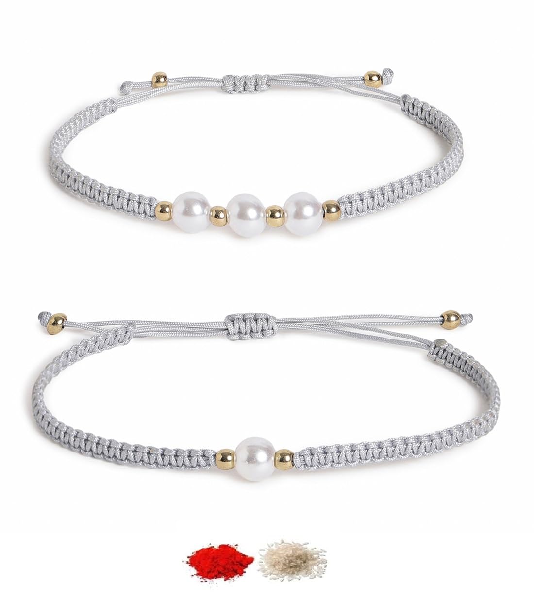 El Regalo 2PCs Pearls Rakhi Combo Set for Bhaiya-Bhabhi/Bhai- Bhatija/Bhatiji- Rakhi Gift Combo with 2 Pearls Rakhi, Roli-Chawal Shagun Pack, Message Card in Gift Box (Grey)