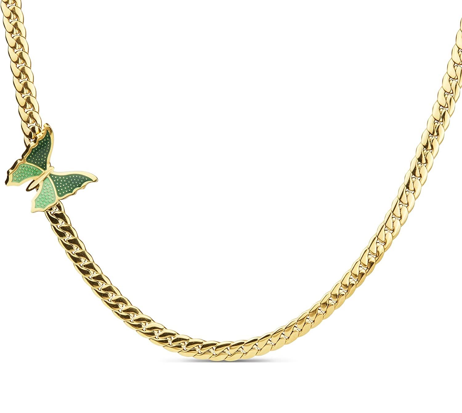 El Regalo 18K Gold Waterproof Vintage Green Enamel Butterfly Choker Cuban Chain Necklace- Stainless Steel NO RUST/ANTI TARNISH Butterfly Flat Snake Chain Necklace for Girls & Women
