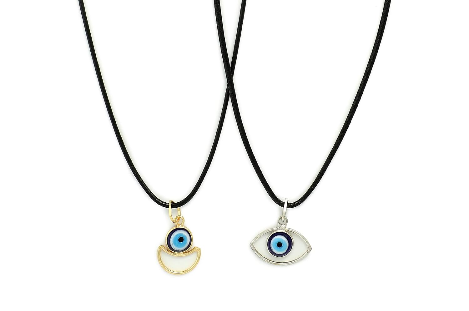 El Regalo 2 PCs Blue Evil Eye Unisex Pendant Cord Necklace for Kids/Girls/Boys/Men & Women - Turkish Blue Silver & Golden Handmade Evil Eye Necklaces (Option-3)