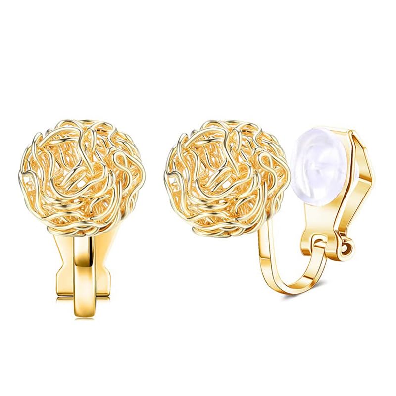 El Regalo Cute Twisted Ball Clip On Earrings- Non Piercing Press Studs for Girls/Women- Metal Yarn Ball Design with Rubber Pads- Fake Clip Earrings