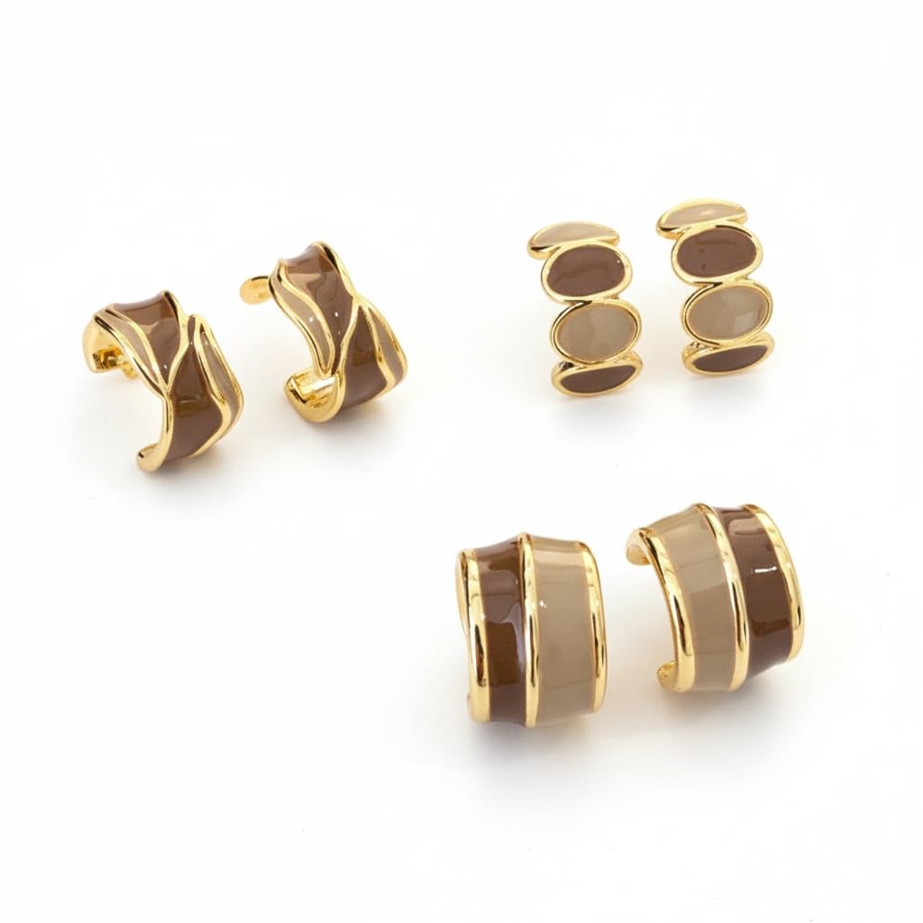 El Regalo 3 Pairs Fashion Maillard Drip Glaze Half Hoop Stud Earrings Combo for Girls & Women - Elegant Gold Plated Modern Enamel Small Hoop Earrings Set (Beige Brown Tones)