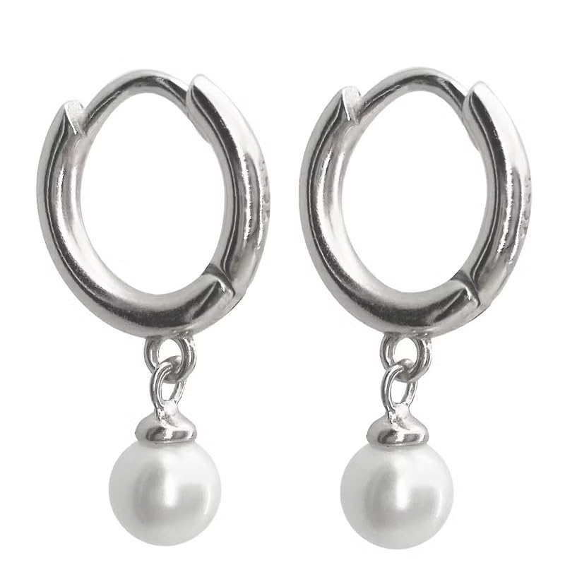 El Regalo Stainless Steel Pearl Hoop Earrings- Anti-Tarnish Small Pearl Drop Huggie Hoop Bali Earrings for Girls & Women (Silver)