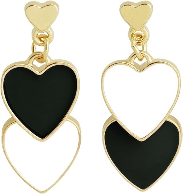 El Regalo 1 Pair Double Love Heart Drop Earrings- Valentine's Day Gift- Two Tone Oil Drop Heart Dangle Earrings for Girls & Women (Black + White)