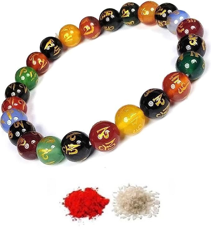 El Regalo 1PC Om Mani Padme Hum Engraved Multicolor Stone Crystal Bracelet Rakhi for Brother with Rakhi Message Card, Roli Chawal Shagun in Rakhi Gift Box