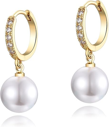 El Regalo Minimalist CZ Pearl Drop Earrings for Women | Korean Style Dangle Hoop Earrings | Gold & Silver Plated Cubic Zirconia Pearl Earrings | Elegant Daily Fashion Jewellery for Girls (Gold- Round)