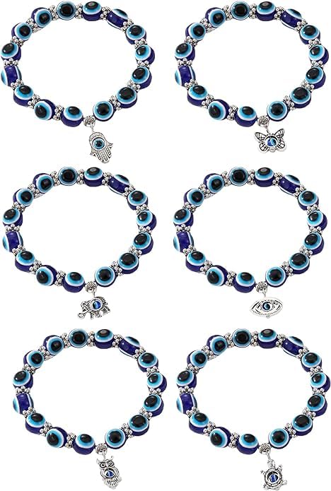 El Regalo 6 PCs Unisex Evil Eye Bracelets with Charms- Butterfly, Elephant, Hamsa Hand, Turtle, Eye & Owl