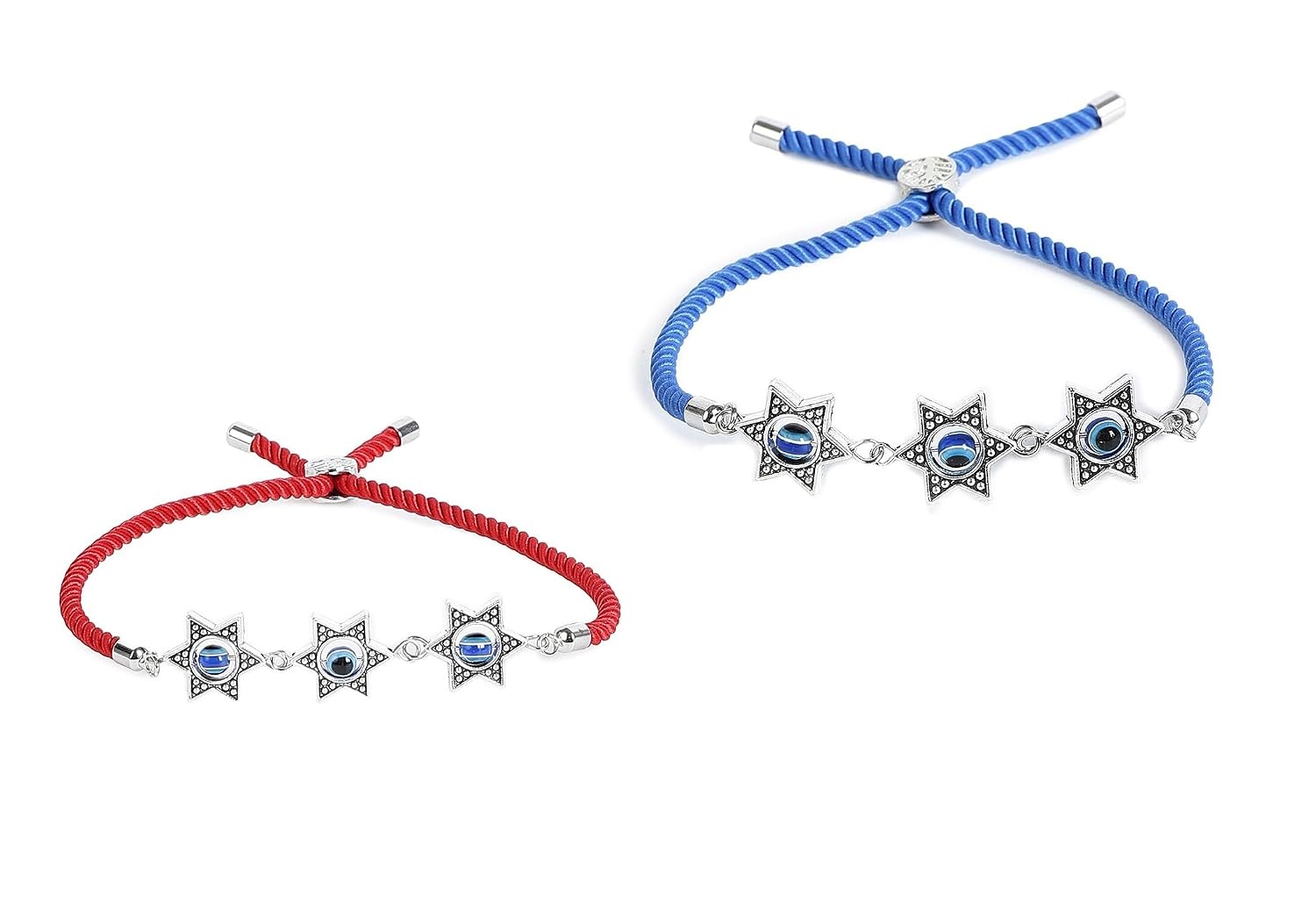El Regalo Unisex 2PCs Evil Eye Stars Bracelets Set - Adjustable Red & Blue Cord Friendship Bracelets for Best Friends, Couples, and Besties with Star Charms