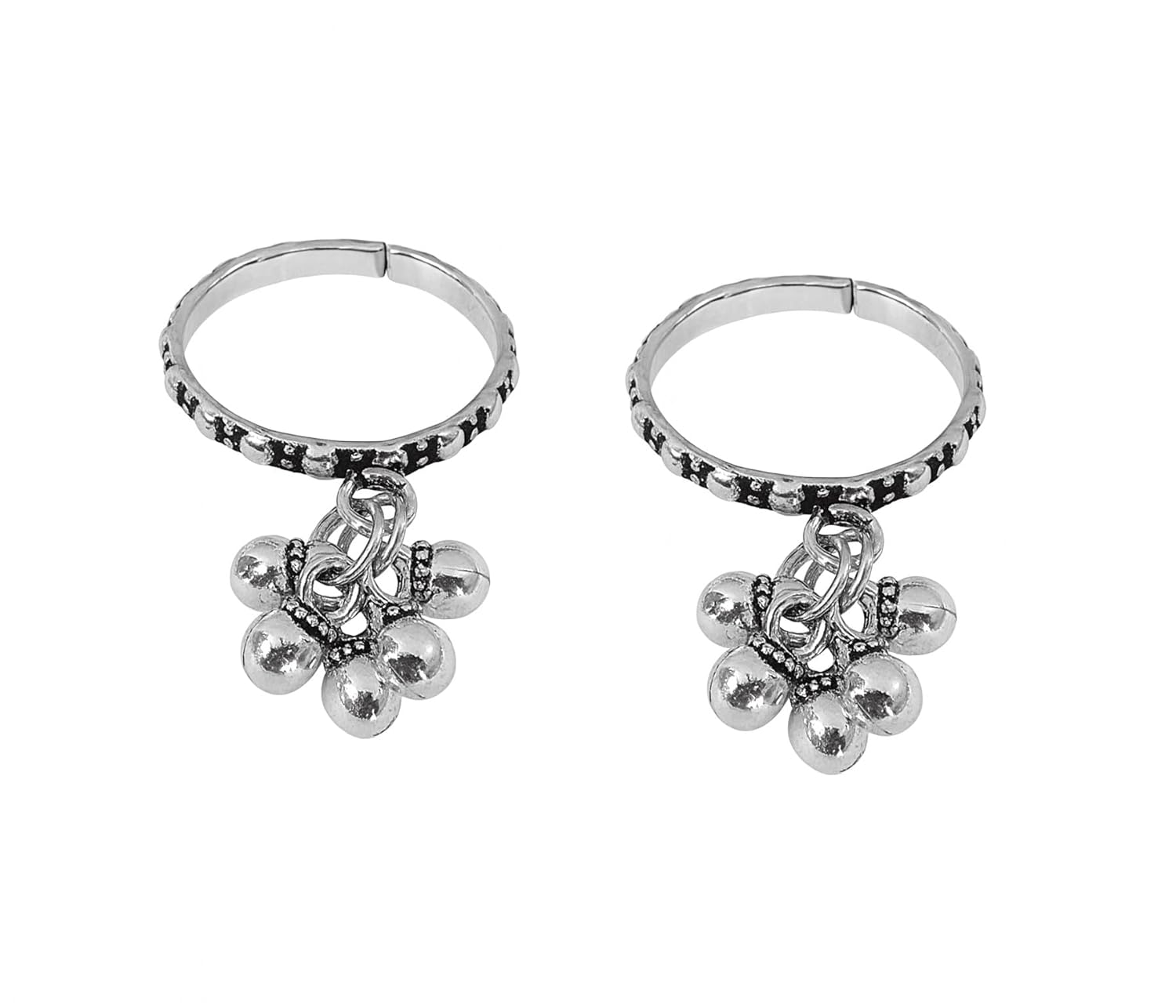 El Regalo Oxidized Silver Lookalike Brass Ghungroo Toe Rings for Women & Girls | Contemporary Adjustable Payal Toe Ring | Traditional Ethnic Silver Finish Bichiya Jewelry