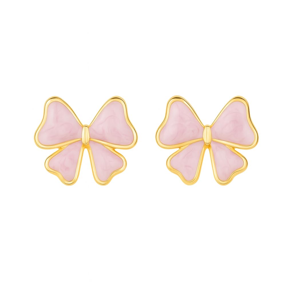 El Regalo 1Pair Stainless Steel Anti-Tarnish Pink Enamel Earrings for Girls & Women | Trendy & Cute Leaf, Bow, Ribbon, Strawberry & Butterfly Stud Earrings (Bow stud)