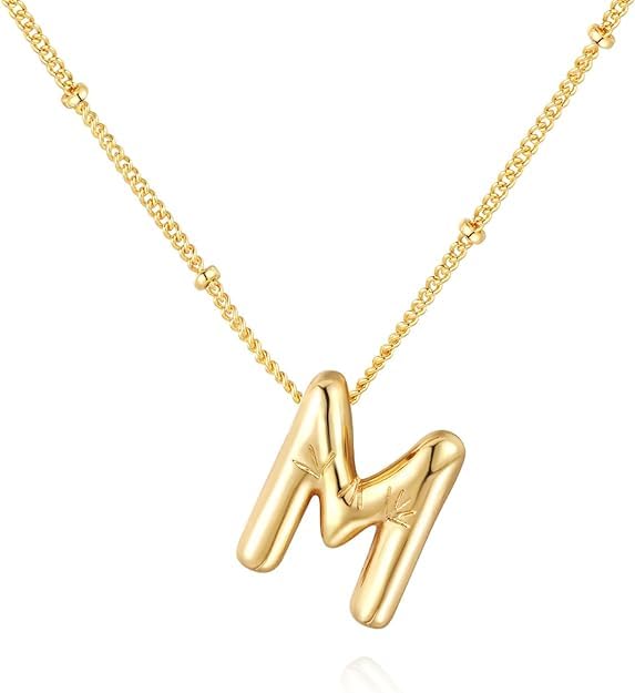 El Regalo Stainless Steel Bubble Letter- Balloon Initial Necklaces for Women Girls/Dainty Alphabet Pendant 14K Gold Plated Puffy Name Personalized Jewelry Gift (M Gold)