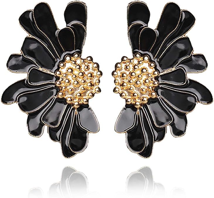 El Regalo Oversized Boho Daisy Flower Earrings- Bridal Statement Enameled Vintage Daisy Flowers Earrings For Haldi, Mehndi and Party (Black)