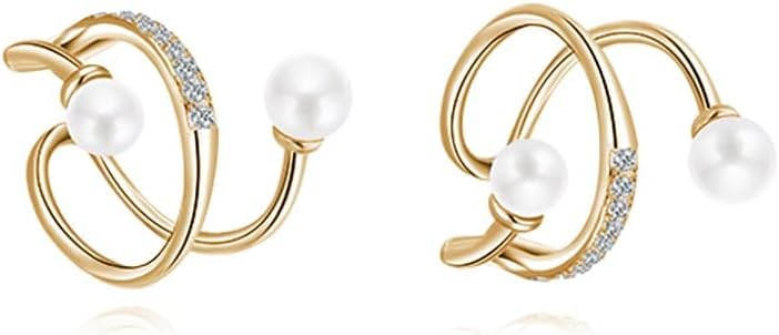 El Regalo 1 Pair Pearl Ear Cuffs Earrings for Non Piercing Ears- CZ Pearls Wrap Non Piercing Cartilage Cuffs Clip On Earrings for Girls/Women (Gold)