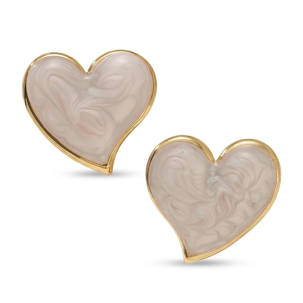 El Regalo 1Pair Stainless Steel Anti-Tarnish Pink Enamel Earrings for Girls & Women | Trendy & Cute Leaf, Bow, Ribbon, Strawberry & Butterfly Stud Earrings (Big Heart)