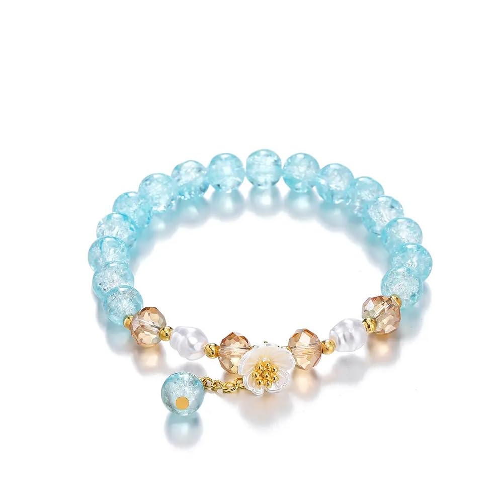 El Regalo Daisy Flower Bracelets- 1PC Crackled Crystal Beads Tassel Flower Charms Bracelet for Girls & Women (Blue)