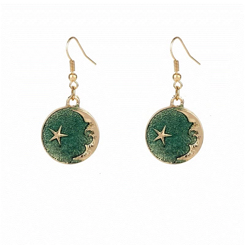 El Regalo Starry Crescent Moon & Star Planet Celestial Earrings for Girls & Women- Crescent Moon Enamel Earrings (Green Moon)