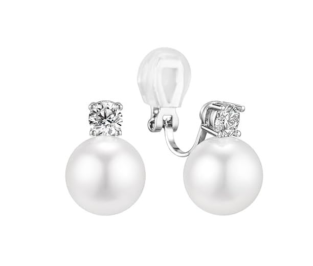 El Regalo CZ Pearl Clip-On Earrings for Women & Girls | Non-Pierced Earrings with CZ Sparkle | Elegant Clip On Pearl Earrings for Weddings, Parties & Casual Wear (Silver)