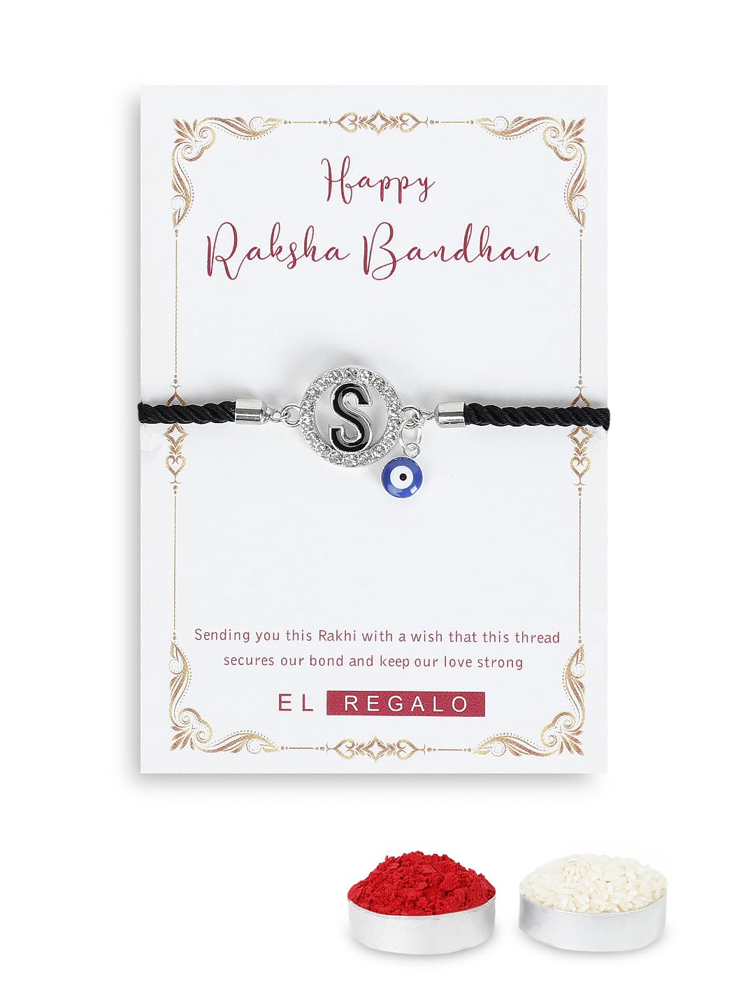 El Regalo Name Initials Evil Eye Bracelet Rakhi for Brother- Name Letter CZ Rakhi with Roli Chawal, Message Card in Rakshabandhan Box for Bhai (Black-S)