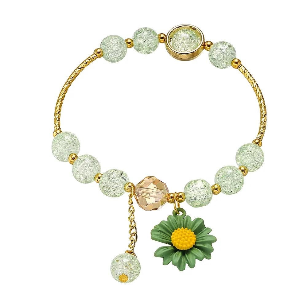 El Regalo 1PC Daisy Flower/Sunflower Crackle Beads Stretch Bracelet for Girls & Women- Fancy Floral Bracelets (Green)