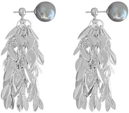 El Regalo Women's & Girl's Elegant Grey Iridescent Pearl Fringe Earrings - 2 Ways Wheat Fringed Ear Jacket Earrings, Lightweight, Versatile Design for Sophisticated Style