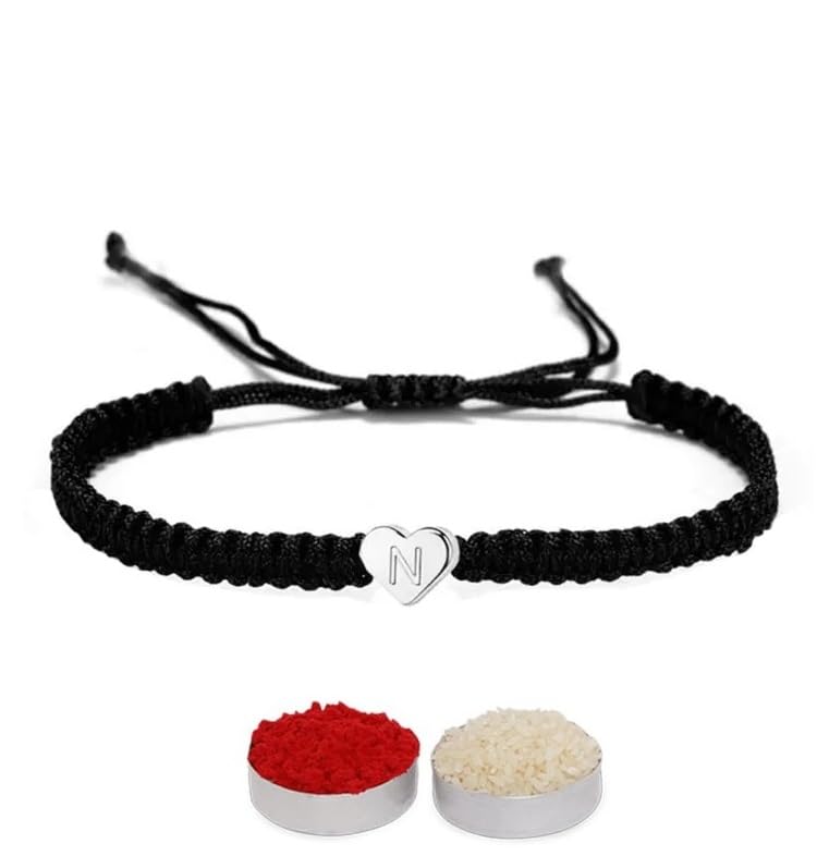 El Regalo Heart Name Initials Letter Minimalist Rakhi for Brother with Roli-Chawal Shagun, Rakhi Message Card in Rakhi Gift Box (N Name Letter)