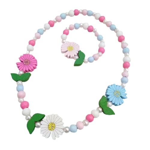 El Regalo Kids/Toddlers/Girls Wooden Beads Handmade Necklace & Bracelet Jewelry Sets (1 Necklace & 1 Bracelet): Kids Princess Jewelry Set (Flower Kids Jewelry Set)