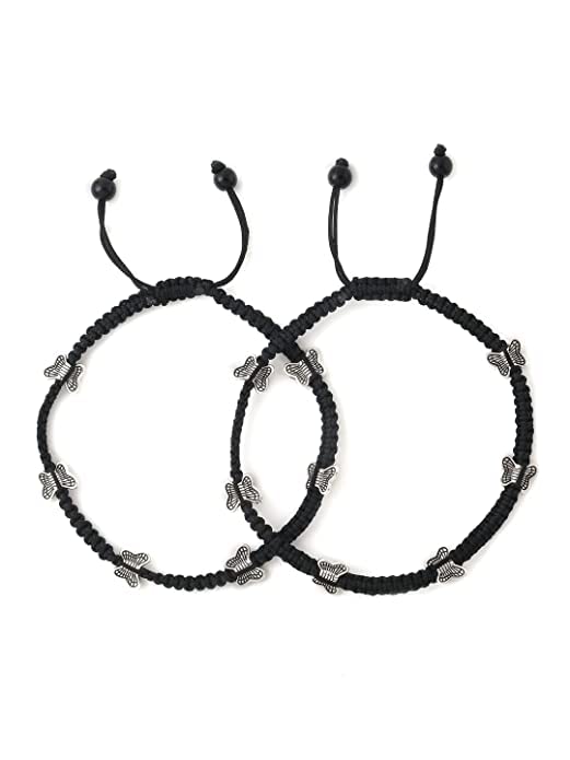 El Regalo 1 Pair Butterfly Boho Macrame Adjustable Oxidized German Silver Bead Nazabattu Anklet for Girls & Women- Bohemian Tribal Thread Anklet Set