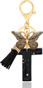 El Regalo Personalized Name Initials Butterfly Charm Keychain - Name Letter Keyring with Black & Golden Tassel & Butterfly Pendant, Purse, Bag, Backpack Accessory (T Letter)