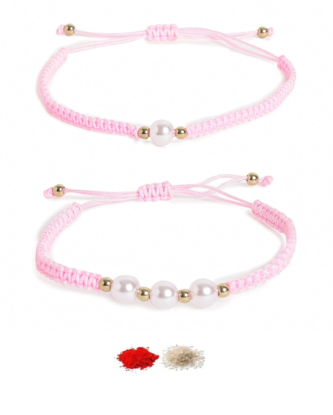 El Regalo 2PCs Pearls Rakhi Combo Set for Bhaiya-Bhabhi/Bhai- Bhatija/Bhatiji- Rakhi Gift Combo with 2 Pearls Rakhi, Roli-Chawal Shagun Pack, Message Card in Gift Box (Pink)