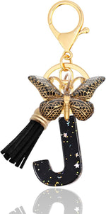 El Regalo Personalized Name Initials Butterfly Charm Keychain - Name Letter Keyring with Black & Golden Tassel & Butterfly Pendant, Purse, Bag, Backpack Accessory (J Letter)