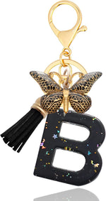 El Regalo Personalized Name Initials Butterfly Charm Keychain - Name Letter Keyring with Black & Golden Tassel & Butterfly Pendant, Purse, Bag, Backpack Accessory (B Letter)
