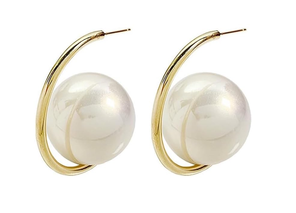 El Regalo Western Pearl Earrings- Delicate Glossy C Shaped Pearl Hoop Earring- Elegant Vintage Style Earrings for Girls & Women (White Pearl)