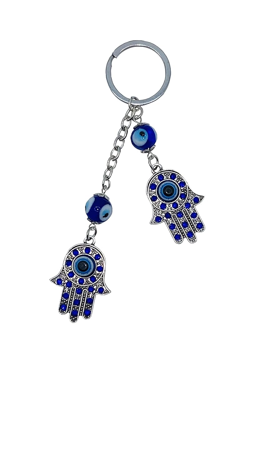 El Regalo Evil Eye Double Hamsa Hand Keychain and Hanging Ornament Intricate Metallic Alloy Hamsa Good Luck Charm For Protection Defense and Health Car Rearview Accessories Hanging Decor, Blue, Small