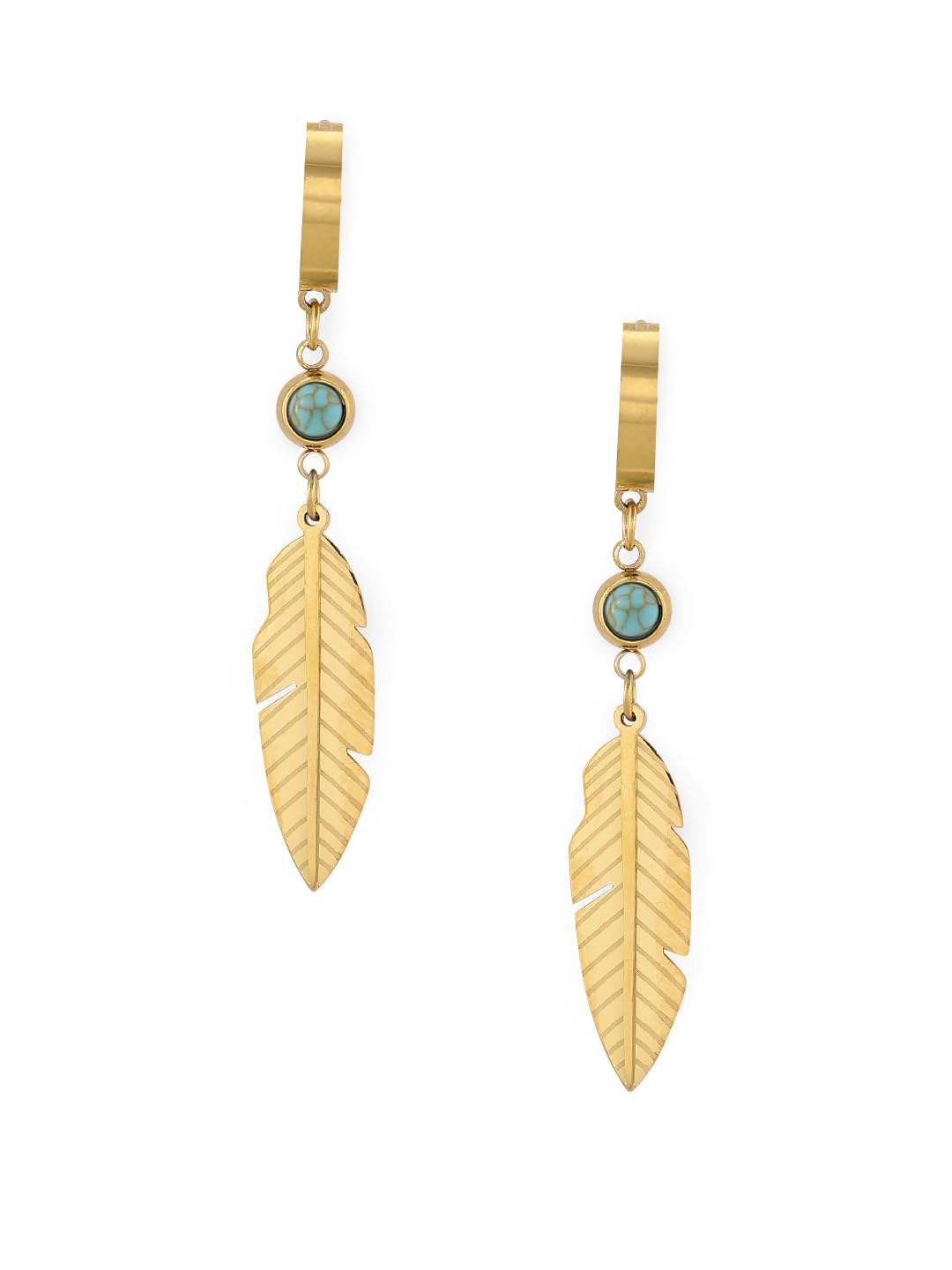El Regalo Elegant Stainless Steel Leaf/Feather Hoop Turquoise Stone Earrings- Anti Tarnish, Waterproof Statement Leaf Hoops for Modern Women