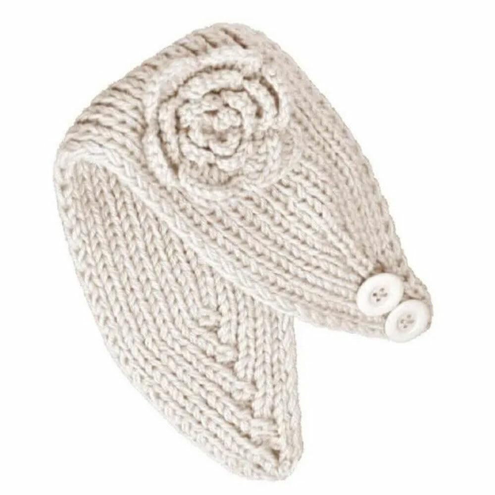 El Regalo's 1PC Winter Crochet Knitted Headwrap Headband with 3D flower & Button for Girls & Women- Ear Warmer Hair Muffs Band | Winter Designer Headbands for Teens & Women (White)