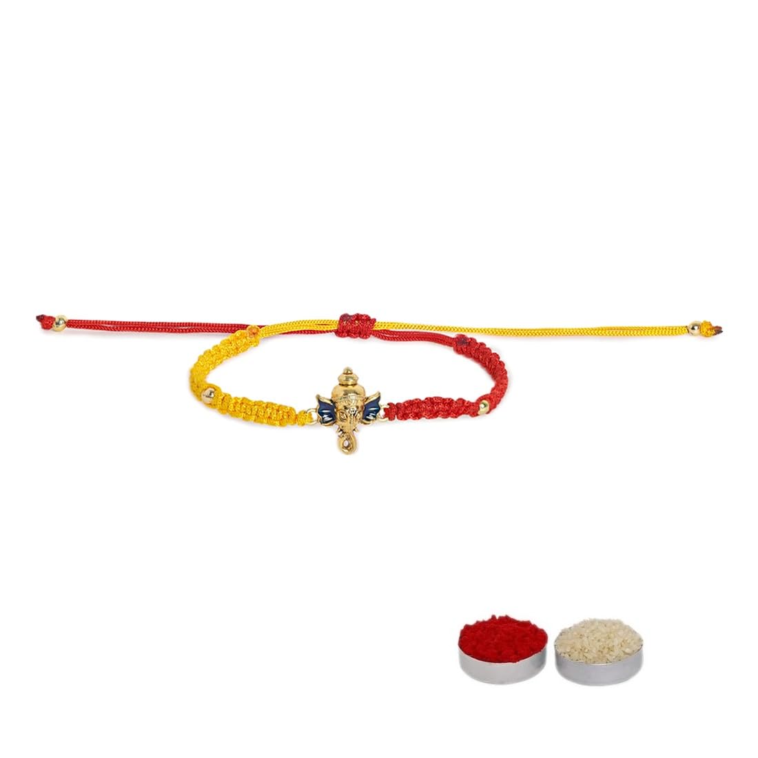 El Regalo 1PC Auspicious Thread Rakhi Brother- Red & Yellow Thread OM, Ganesha, Shree, Trident, Damroo Mauli Rakhi with Roli Chawal Shagun, Message Card in Rakhi Gift Box (Ganesha Face Rakhi)