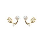 El Regalo Tulip Flower Pearl Cuff Jacket Earrings For Girls Women- Unique French Style Flower Cat's Eye Stone Front Back Climbers Crawler Earrings