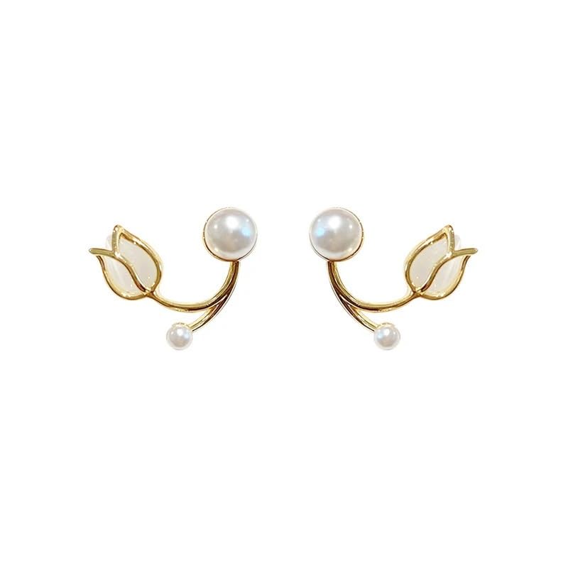 El Regalo Tulip Flower Pearl Cuff Jacket Earrings For Girls Women- Unique French Style Flower Cat's Eye Stone Front Back Climbers Crawler Earrings